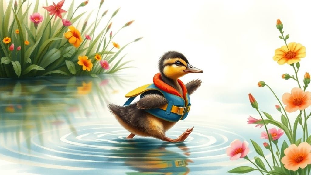 Duckling's Dance: A Whimsical River Scene