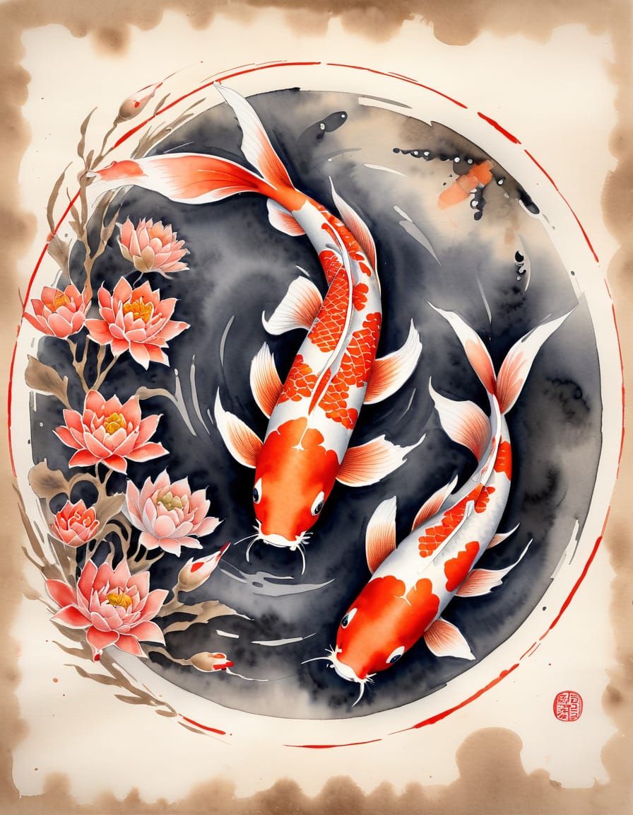 Koi Fish in Watercolour on Aged Scroll
