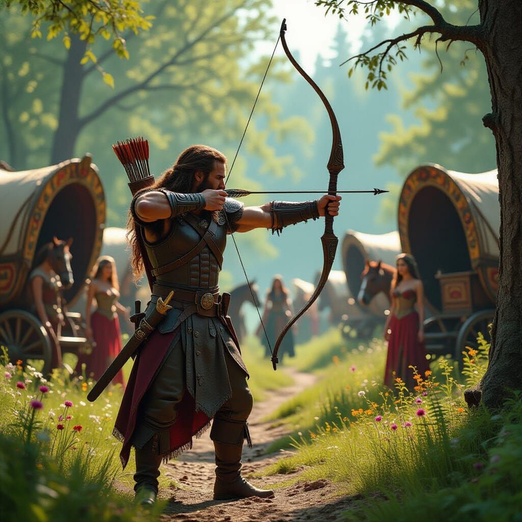 Archer in Woodland Scene with Gypsy Caravans