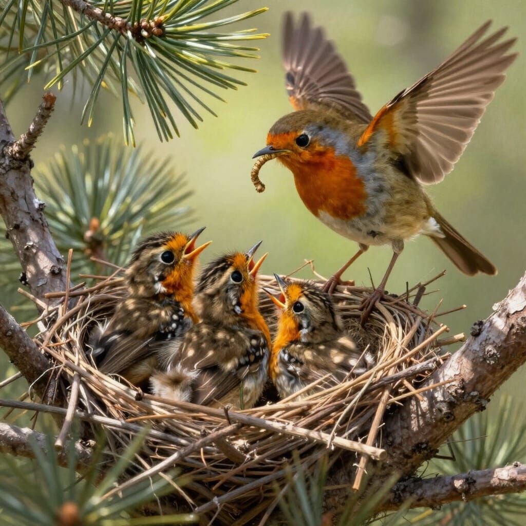 Tender Moment: Parent Robin Feeds Hungry Babies in Nest