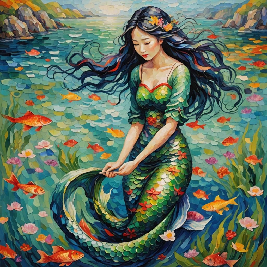 Chinese Mermaid in Expressionist Impasto Painting
