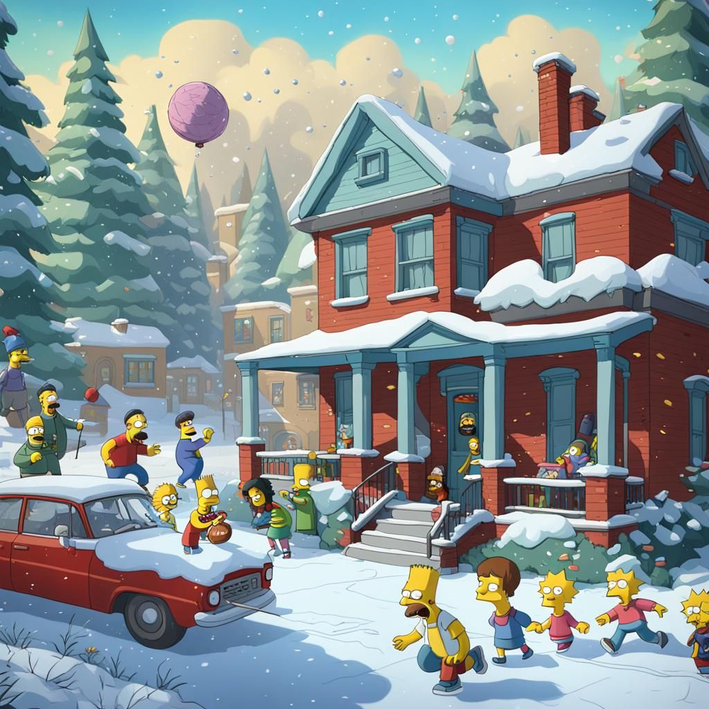 Characters from The Simpsons, Bob's burgers and American Dad having a snowball fight outside of The Simpsons house