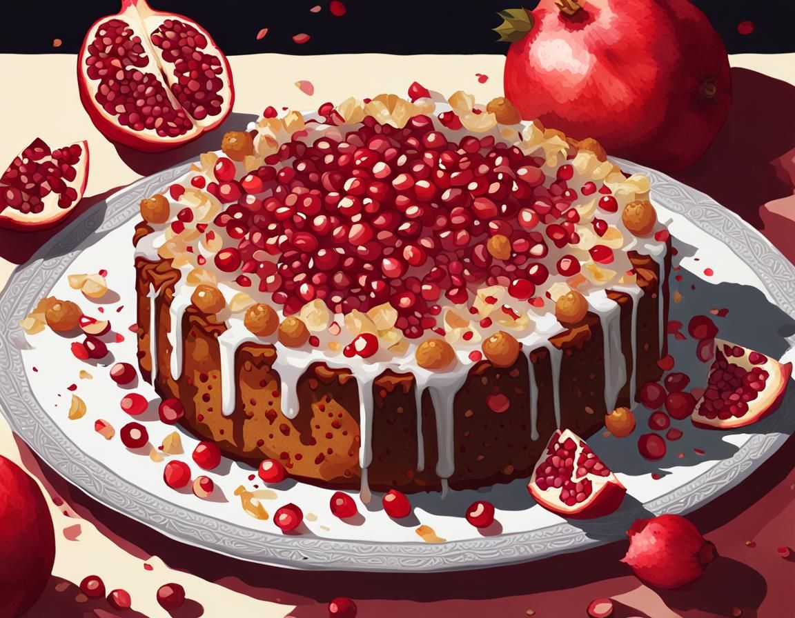 Elaborate Fruitcake with Lychee and Pomegranate in Sunlight