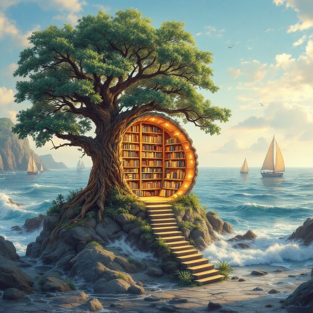 Seaside Library in Nautilus Shell, Detailed AI Illustration