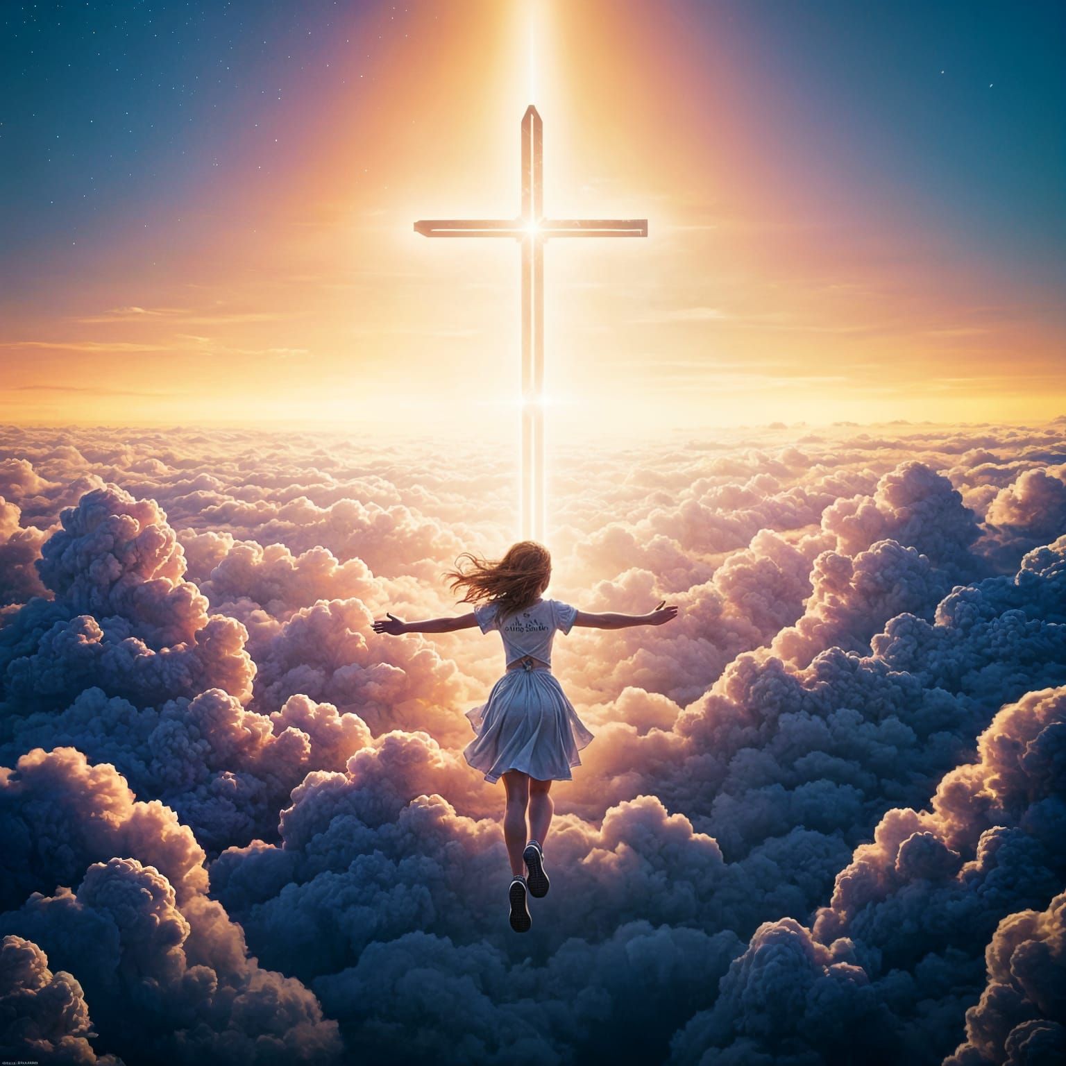 Girl Runs Above Clouds Toward Hopeful Light