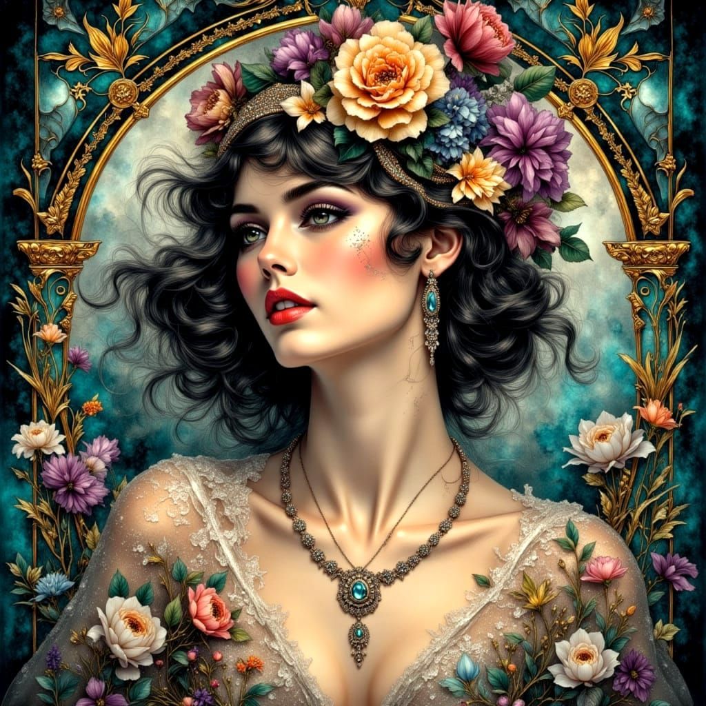 Ethereal Woman Portrait in Art Deco Watercolor Style