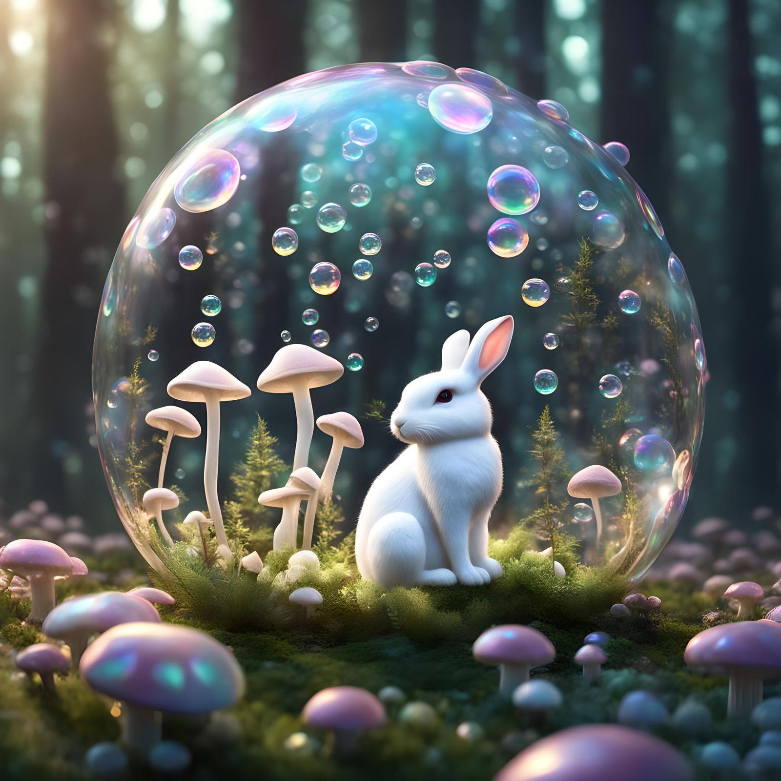 Ethereal Iridescent Mushroom Bunny in a Dreamy Wonderland