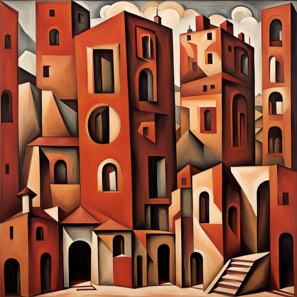 Cubist Cityscapes in Terracotta Hues