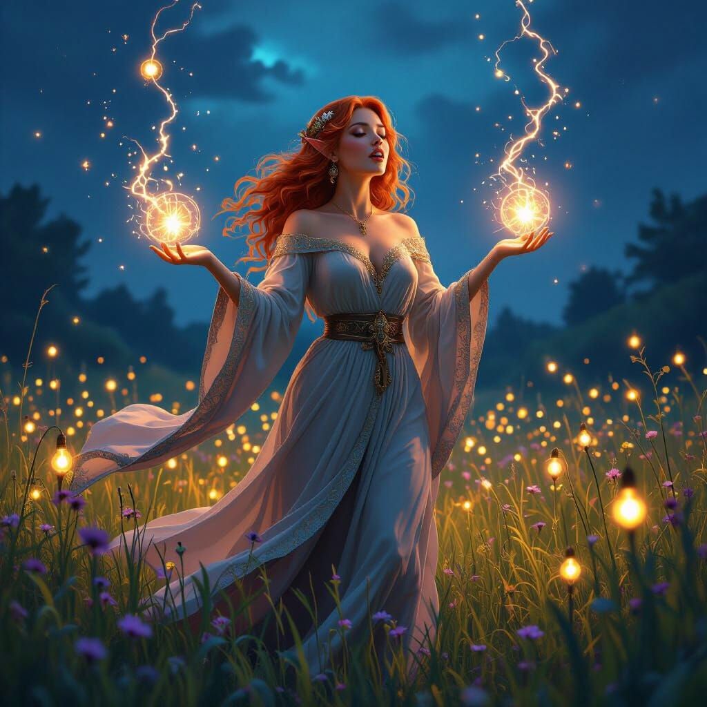 Enchanting Elf Woman Casting Magic in Lush Field
