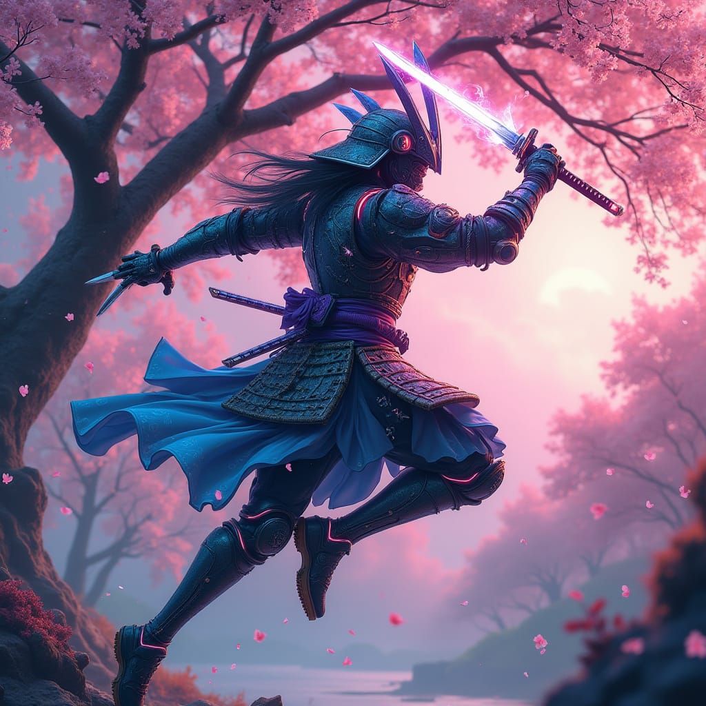 Cyberpunk Samurai Leaps Through Blossoming Cherry Tree