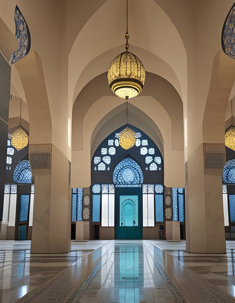 Intricately Designed Mosque with Golden Sky
