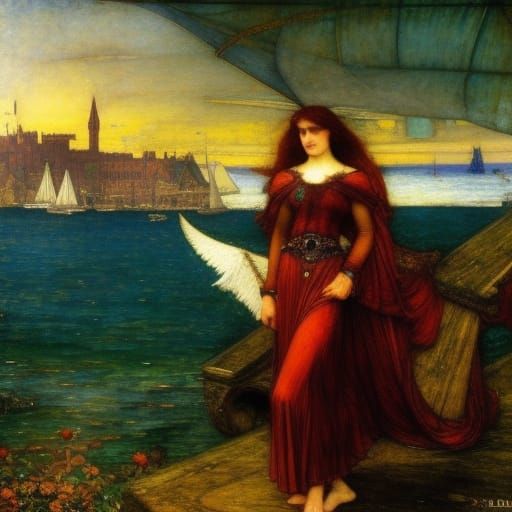 Magic Galleon with Dragon and Angel in Fantasy Style