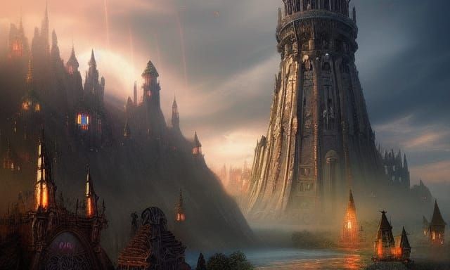 Fantasy Magic Tower on Island, Digital Matte Painting