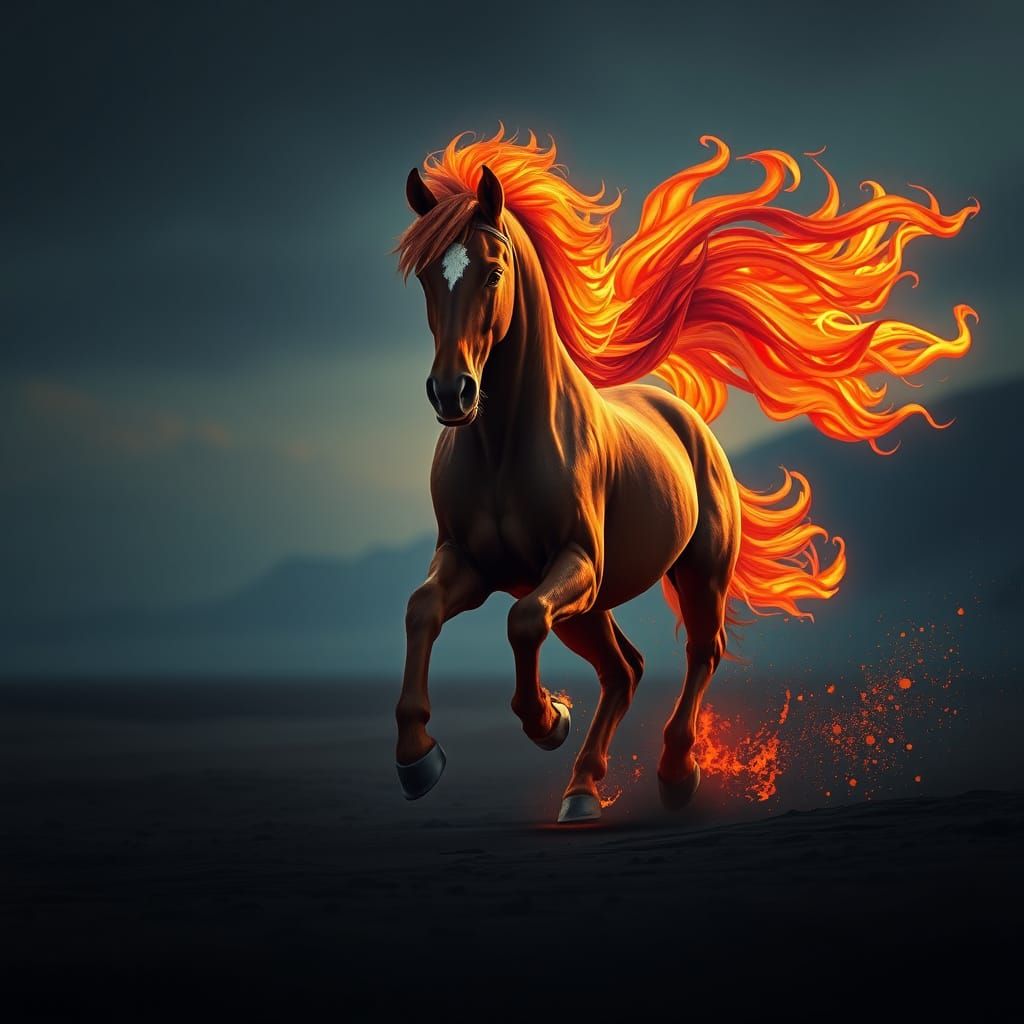 Fiery Pony Galloping Across Dark Desert in Photorealism