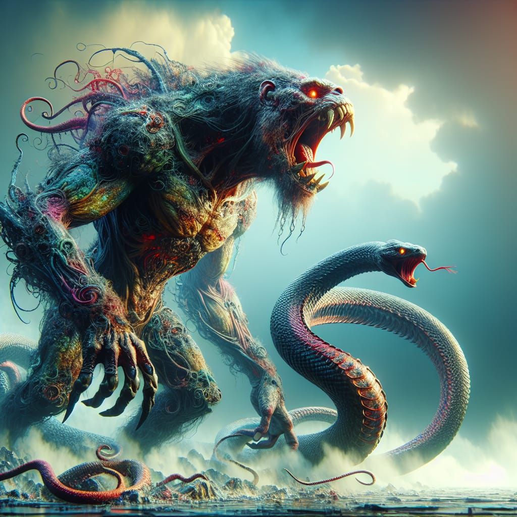 Fearsome Gorilla-Snake Hybrid in Eerie Setting