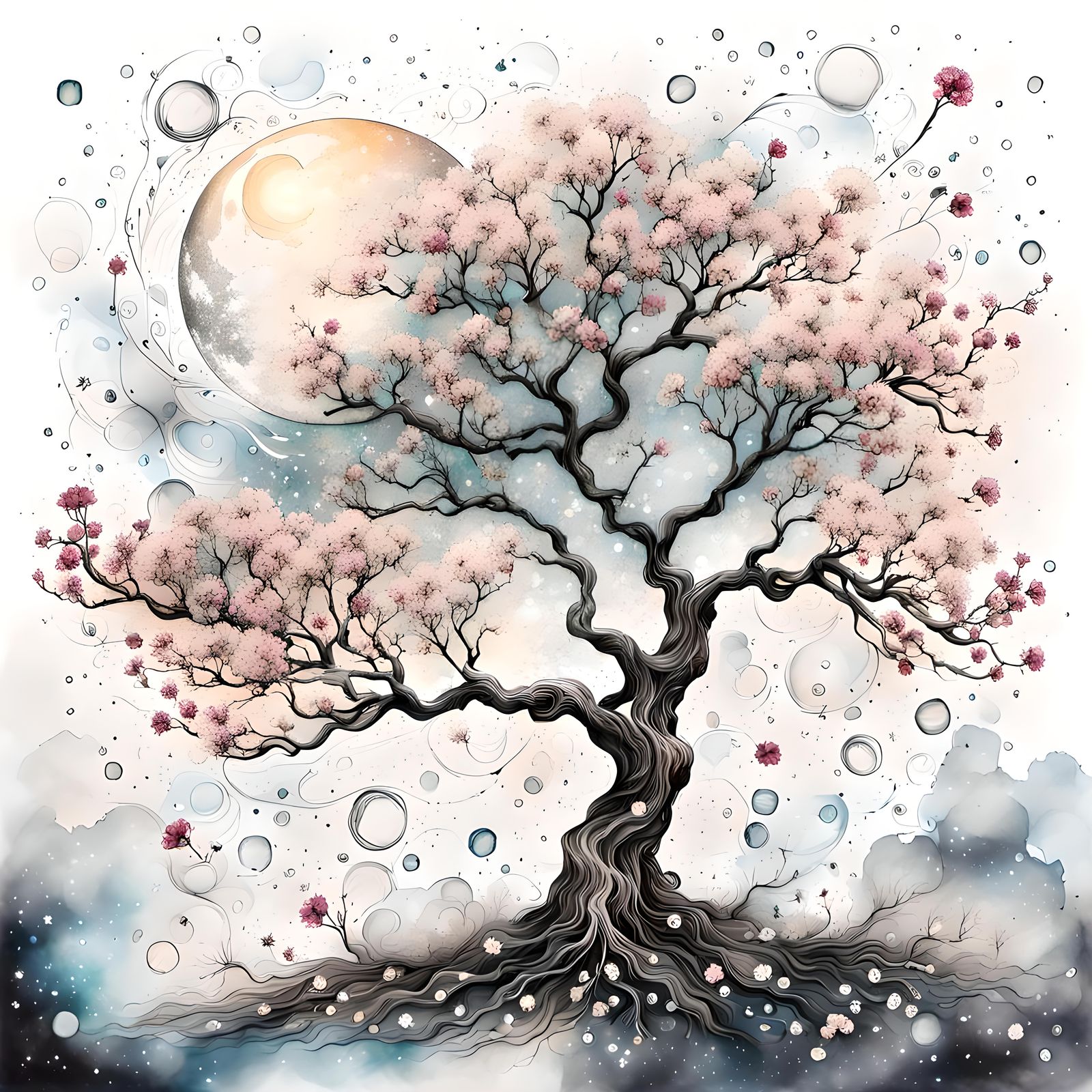 Botanical Ink Drawing of a Blossoming Cherry Tree