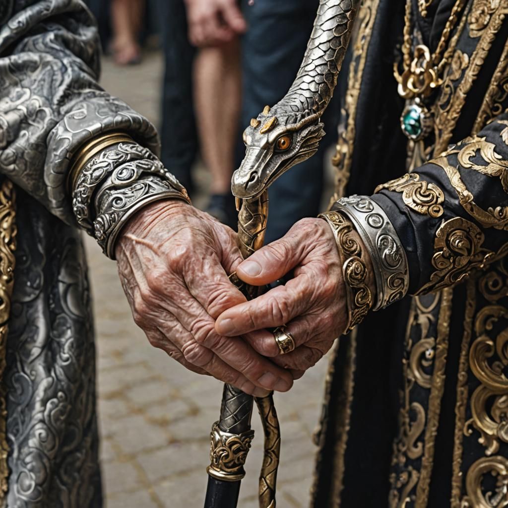 Ornate Walking Stick Held by Elderly Hand
