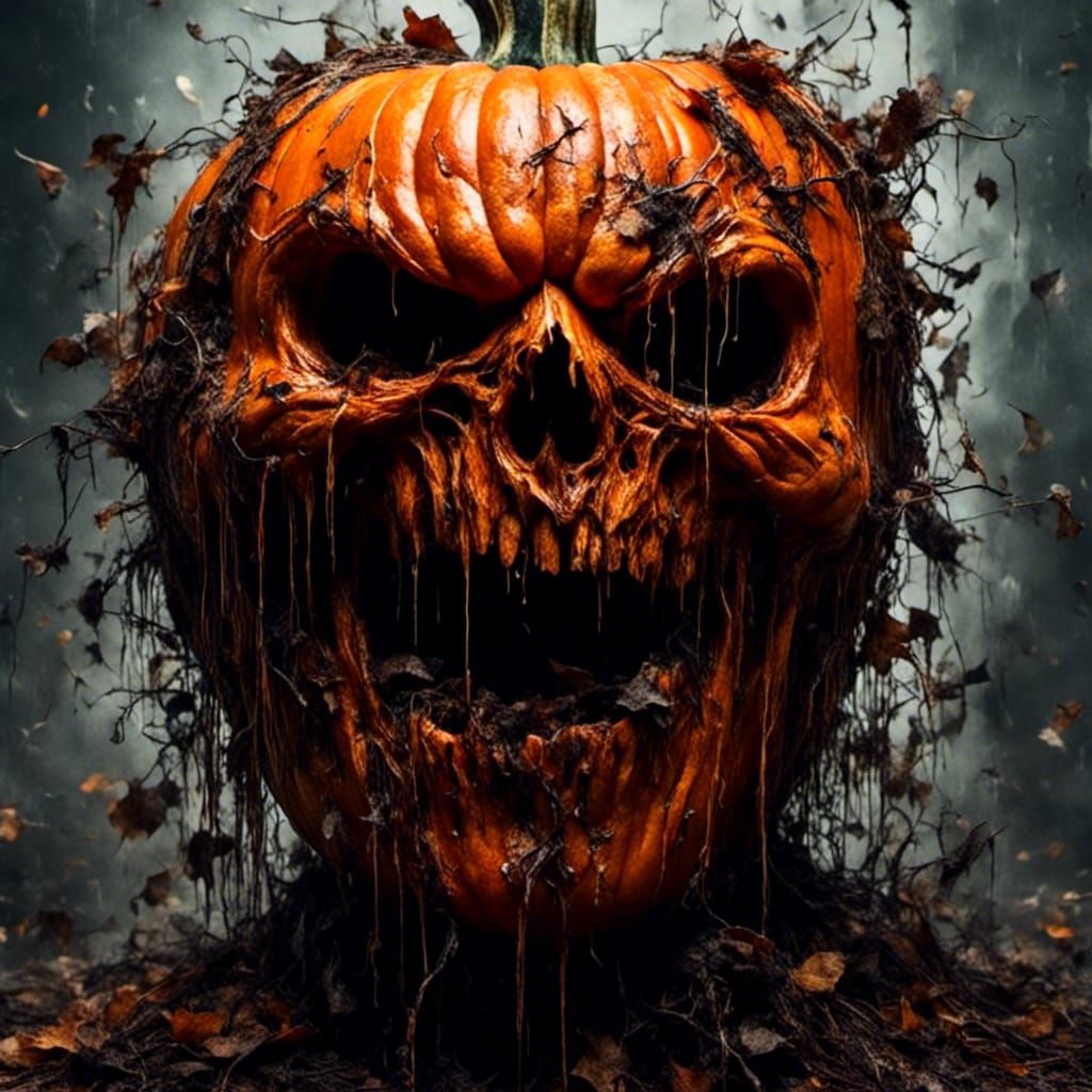 Rotting Pumpkin Vomiting Seeds: Hyperrealistic Splash Art