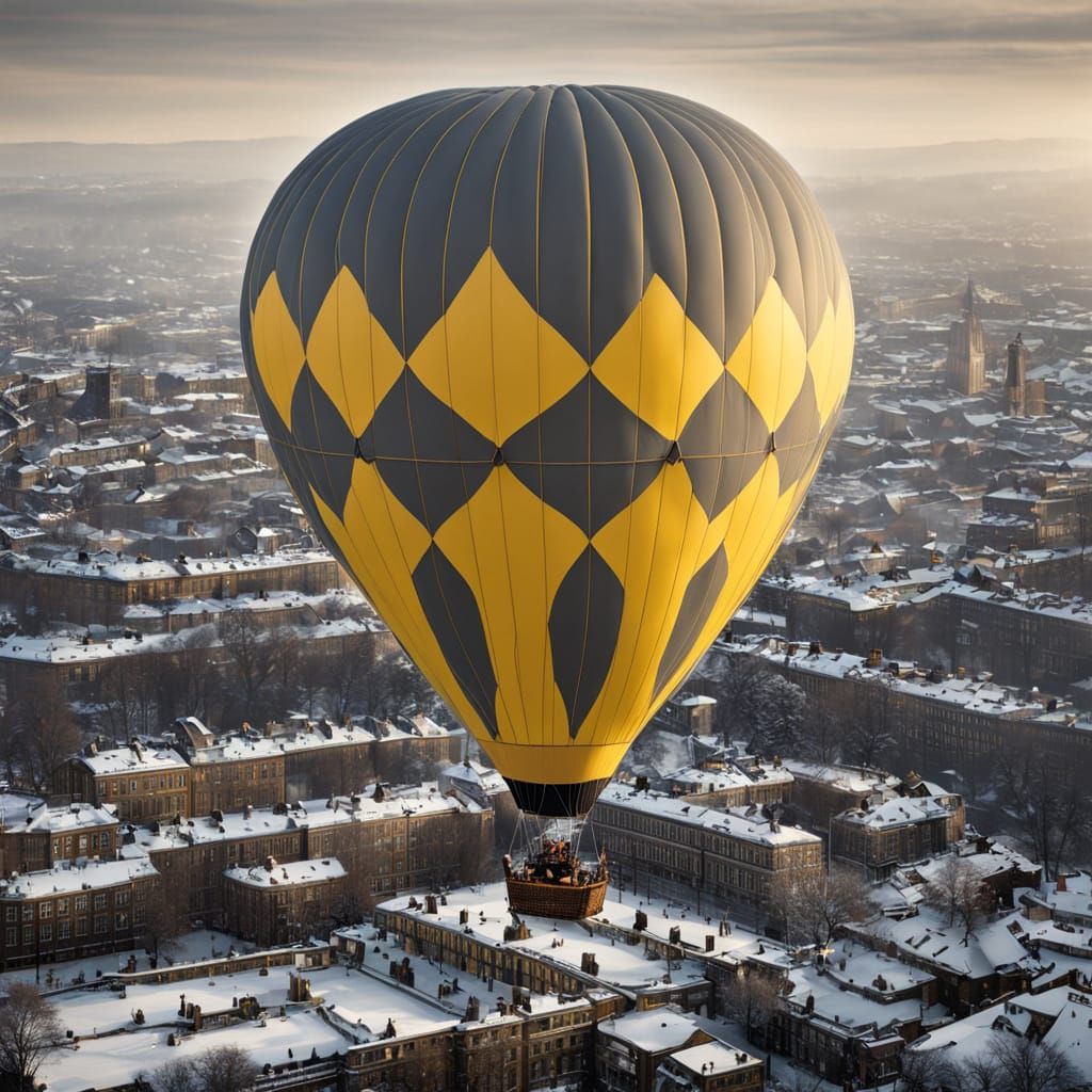Winter Cityscape with Atmospheric Hot Air Balloon
