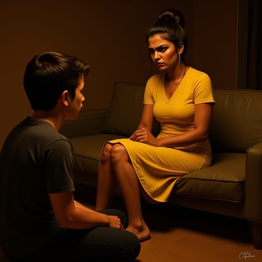 Indian Woman Admonishing Boy in Dramatic Digital Painting
