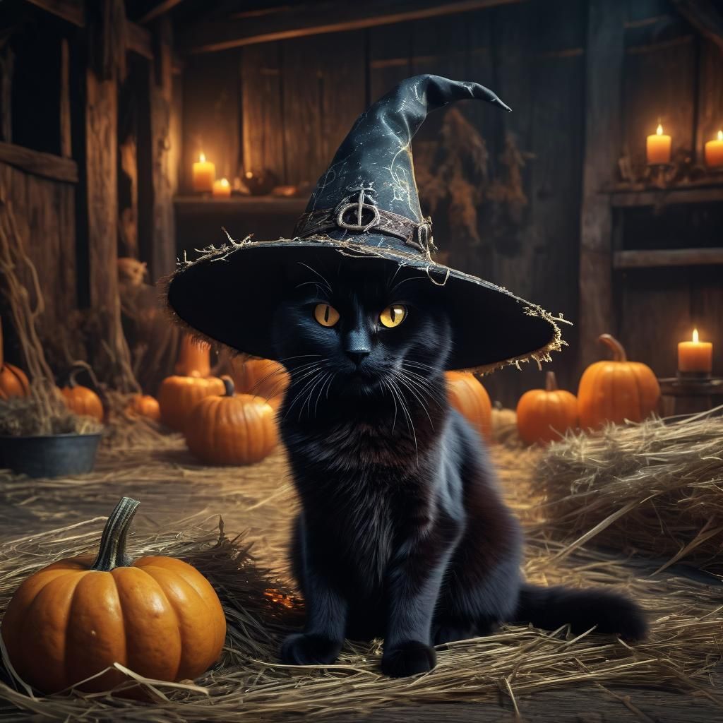 Black Cat in Witch Hat with Pumpkins