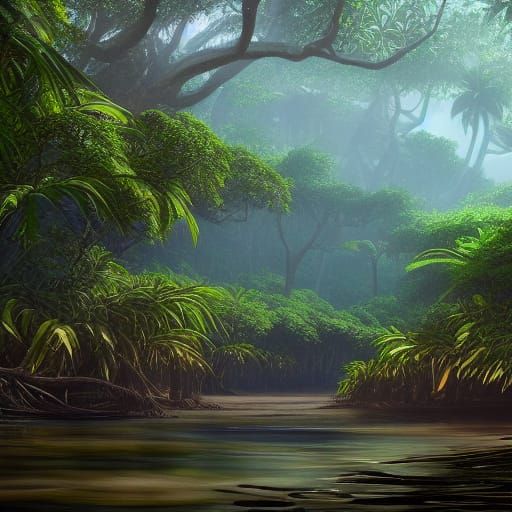 Gabon Mangroves at Loango Beach: Detailed Matte Painting