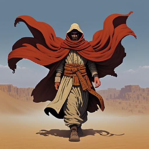 2. Pixel art character: a desert nomad trekking through a sandstorm with a flowing cloak. 16-bit retro style, limited co...