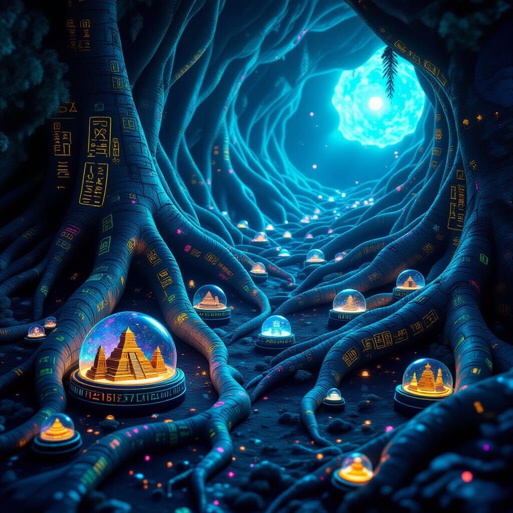 Bioluminescent Tree Roots in Cosmic Void, Psychedelic Energy