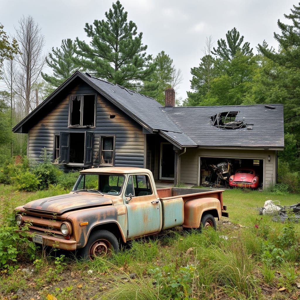 Abandoned Burned-Out Ranch House in Overgrown Ruin