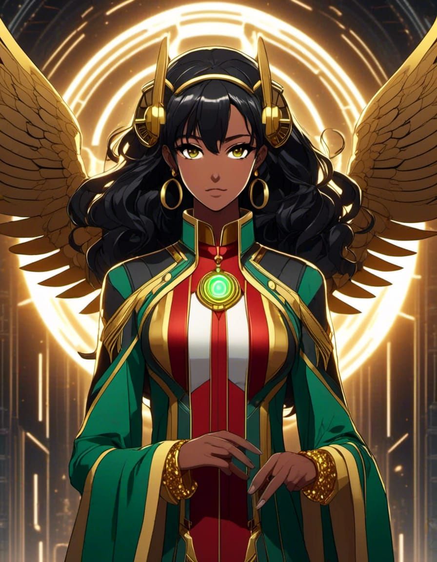 Symmetrical Anime Goddess, flowing black hair, brown skin. golden eyes, black angel wings, green & red with yellow accen...