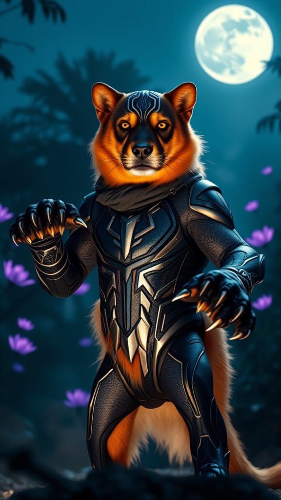 Heroic Golden Retriever in Vibranium Black Panther Armor