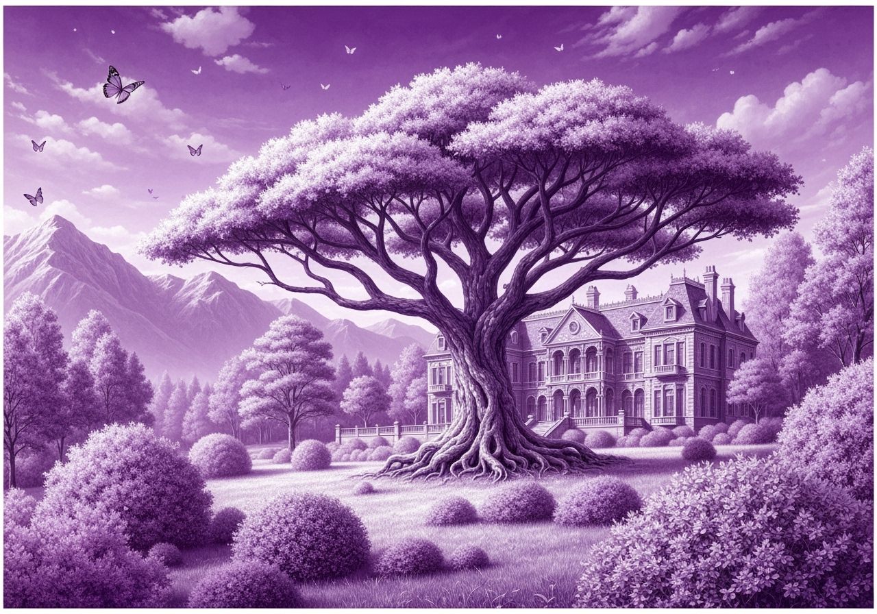 Dreamlike Purple Mansion Landscape with Gnarled Tree