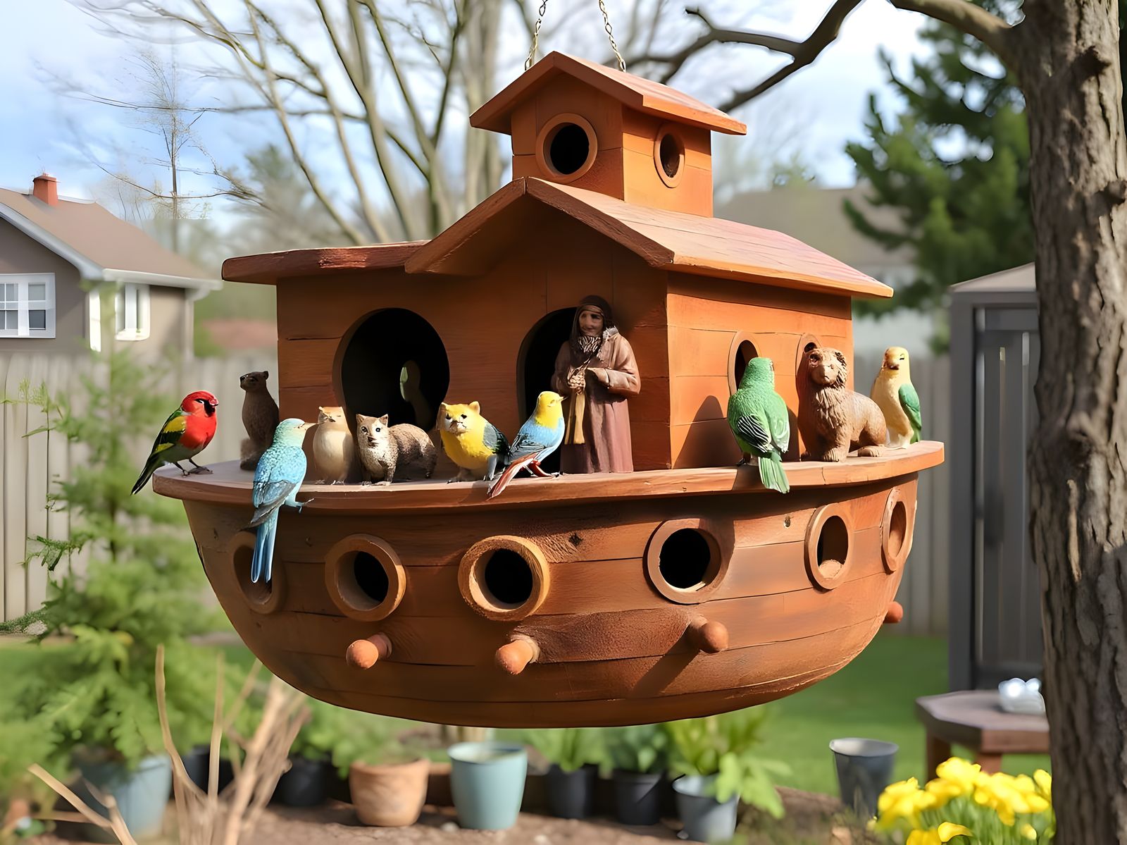 Whimsical Noah's Ark Birdhouse with Carved Animals