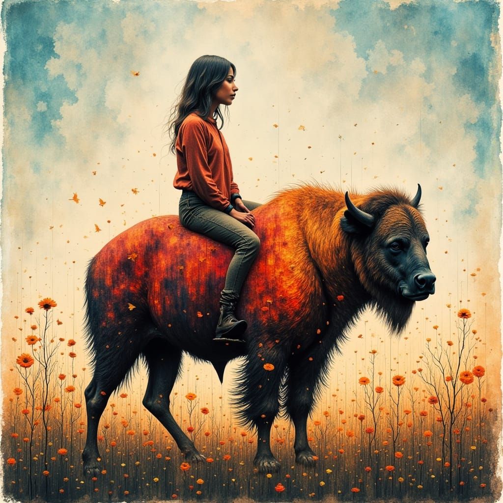 Fire Red Bison Ride in Monotype Print Style