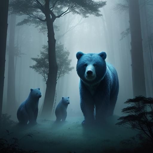 Teddy Bears Guard Ancient Tree in Misty Forest