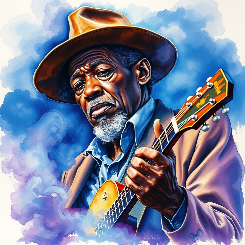 Soulful Bluesman Enveloped in Lavender Haze Watercolor
