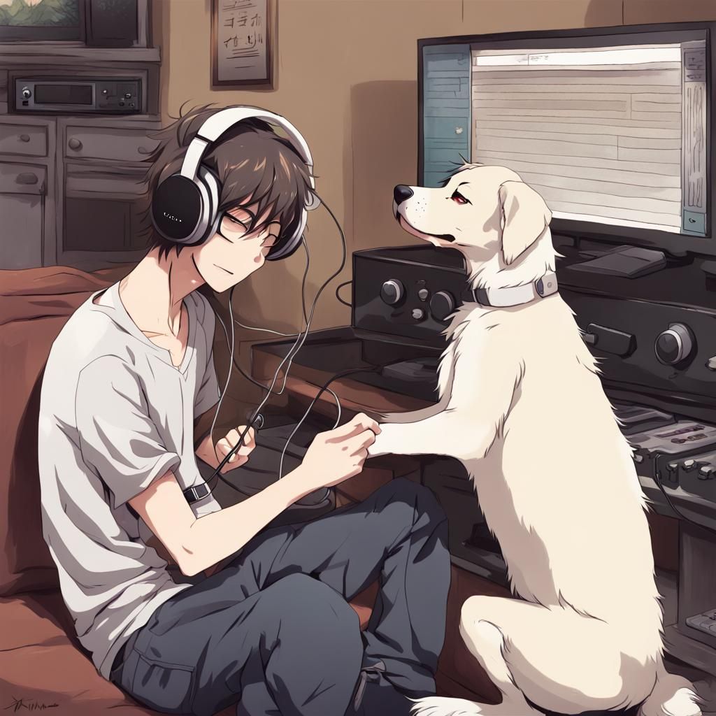 Dog Listening to Music in Anime Style