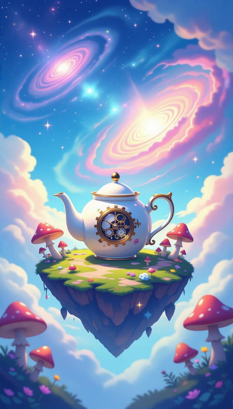 Anthropomorphic Teapot on Floating Island in Cosmic Sky