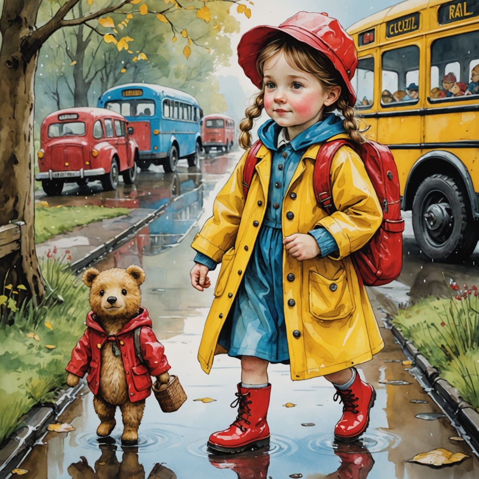 Girl and Teddy Bear Rainy Day Illustration