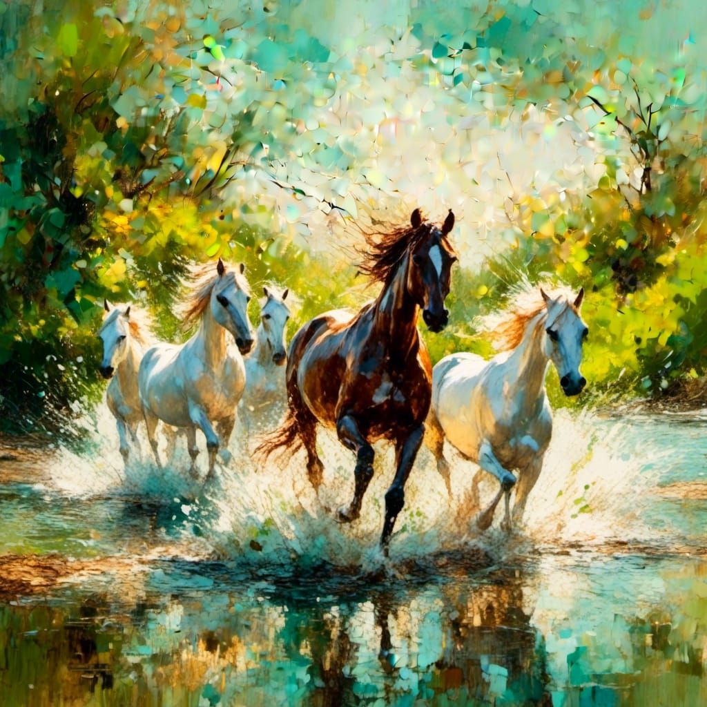 Impressionist Horses Rushing Through Water