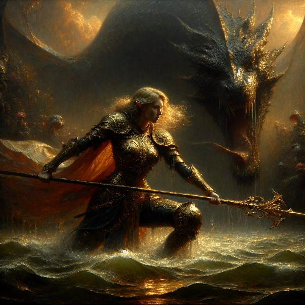 Ethereal Battle Scene in Oil-On-Canvas Style