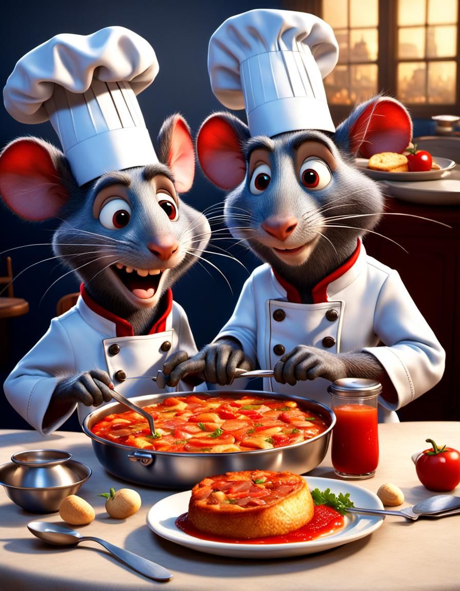 " la souris ratatouille cuisine le repas du soir, une bulle de discussion rouge au-dessus indique (« MIAM MIAM »4) en gr...