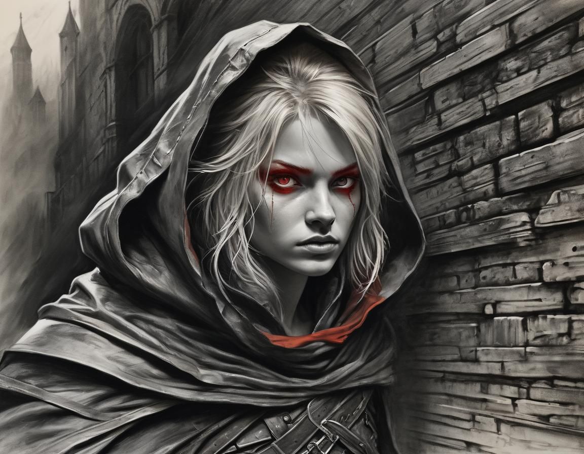 Medieval Assassin in Dark Tunnel, Charcoal Portrait