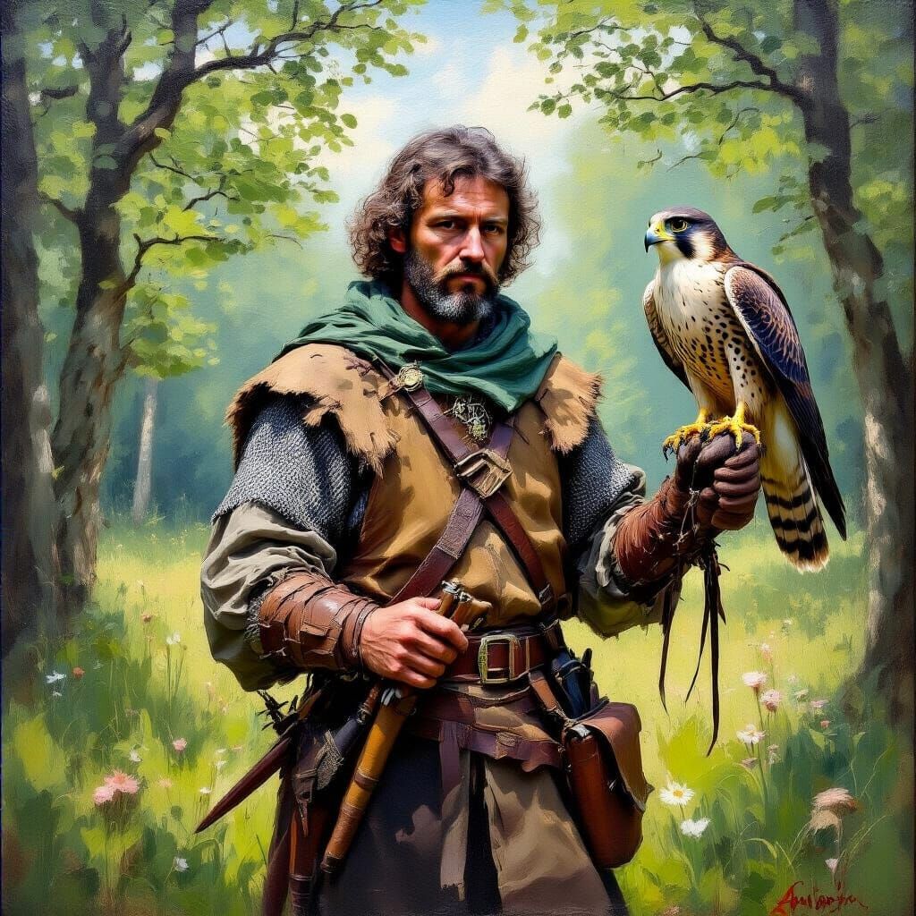 Medieval Falconer with Falcon in Forest, Impasto Oil Paintin...