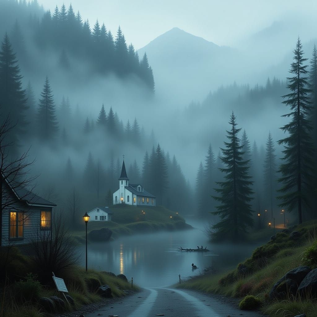 Misty Pacific Northwest Coastal Town with Foggy Mountains