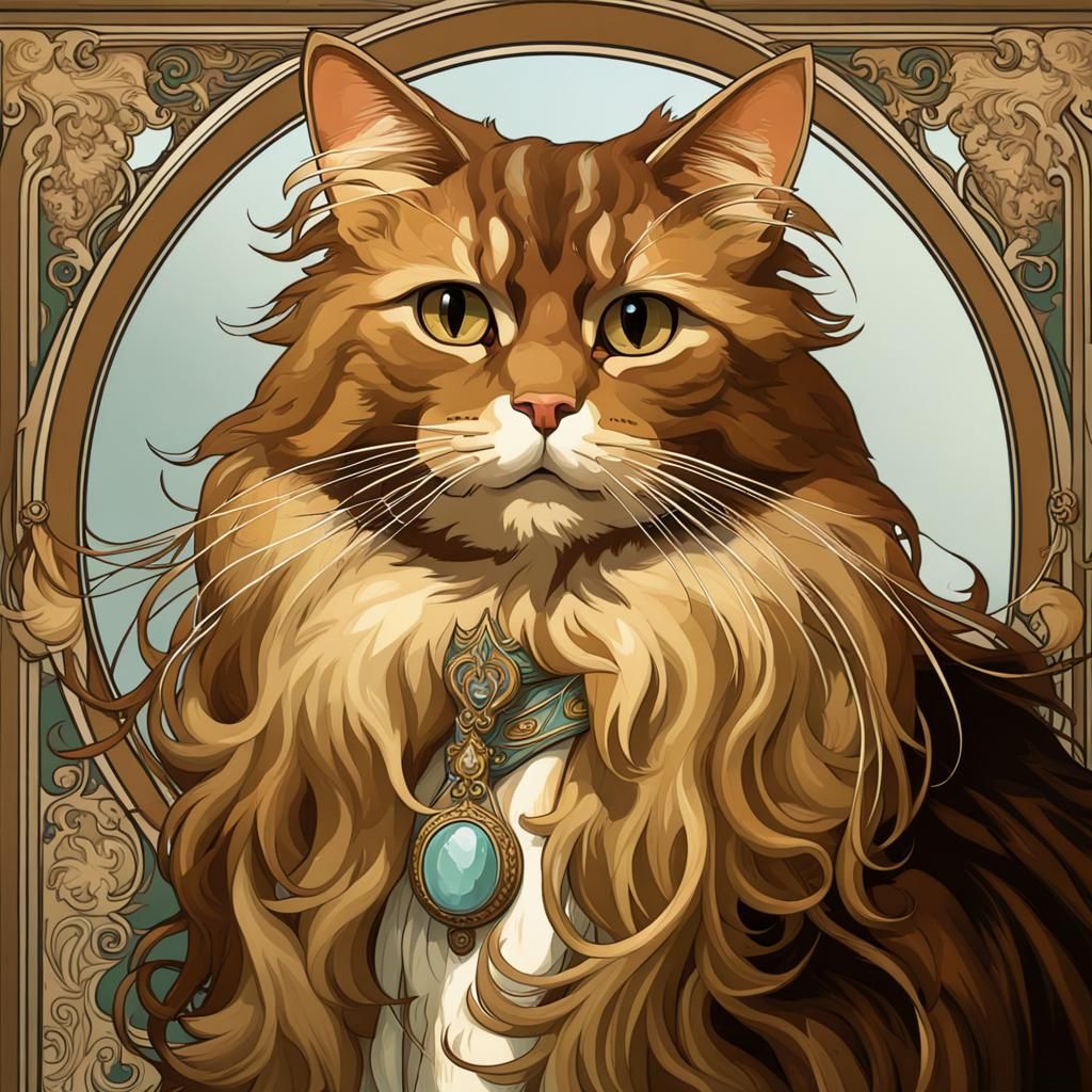 Norwegian Cat Portrait in Art Nouveau Style
