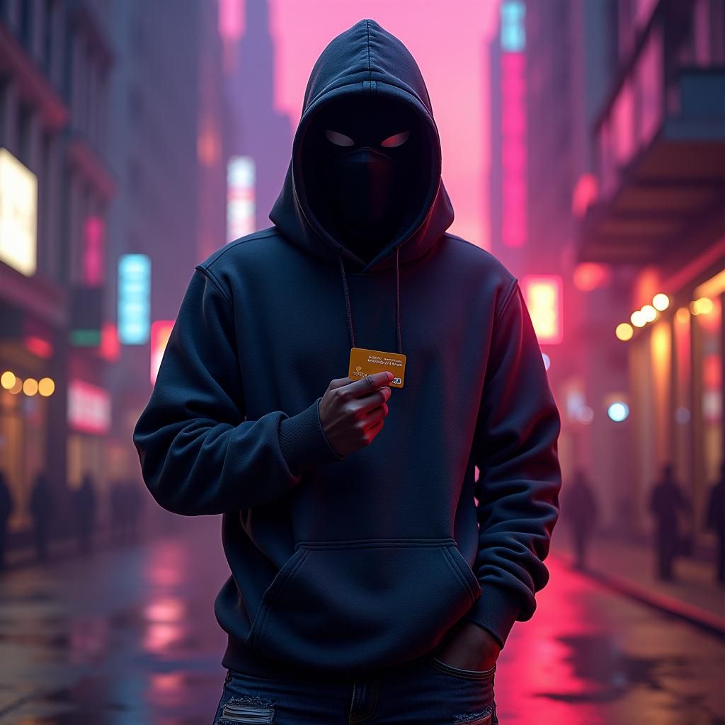 Dramatic Scammer in Neon Cityscape: Matte Painting