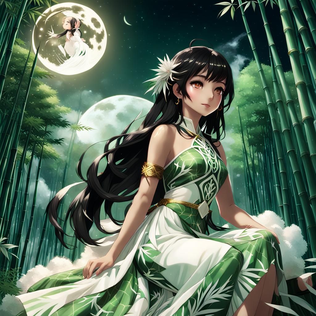 Anime Goddess in Bamboo Forest, Dreamy Moonlight