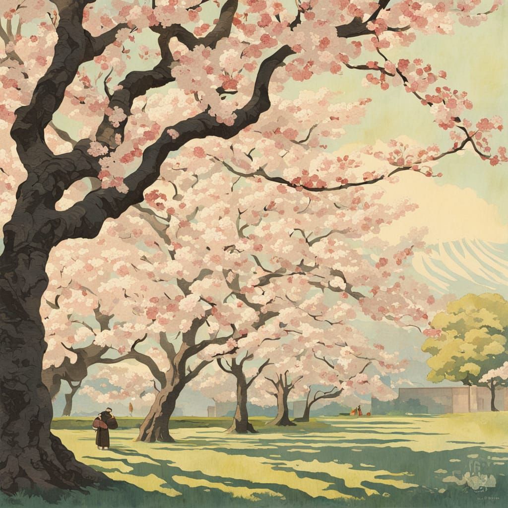 Cherry Blossoms in Spring Garden - Japanese Woodblock Style
