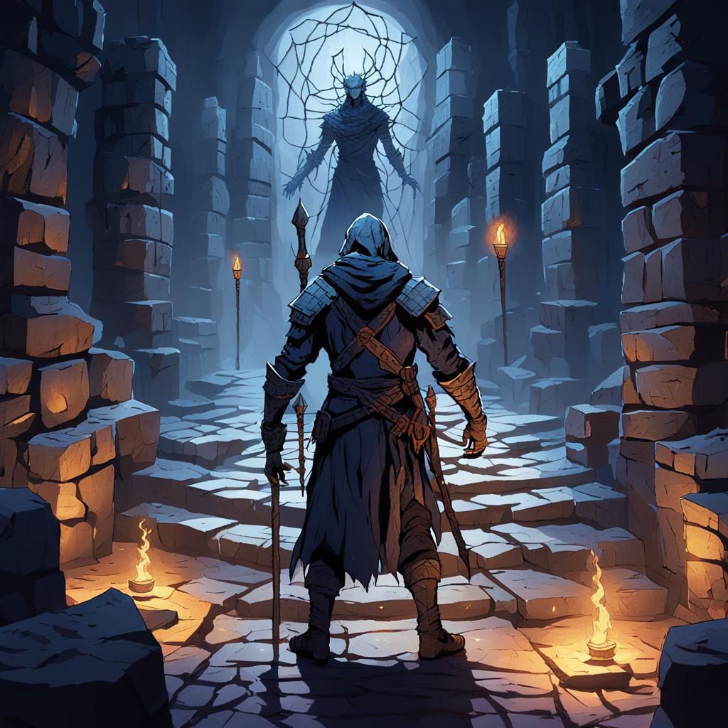 Warrior in Dark Fantasy Dungeon Maze